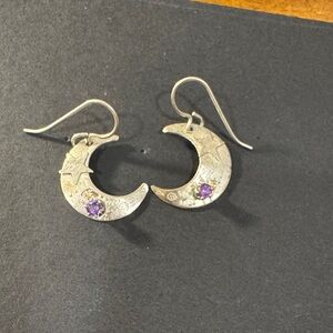 Silver Moon Earrings with Purple Gemstones